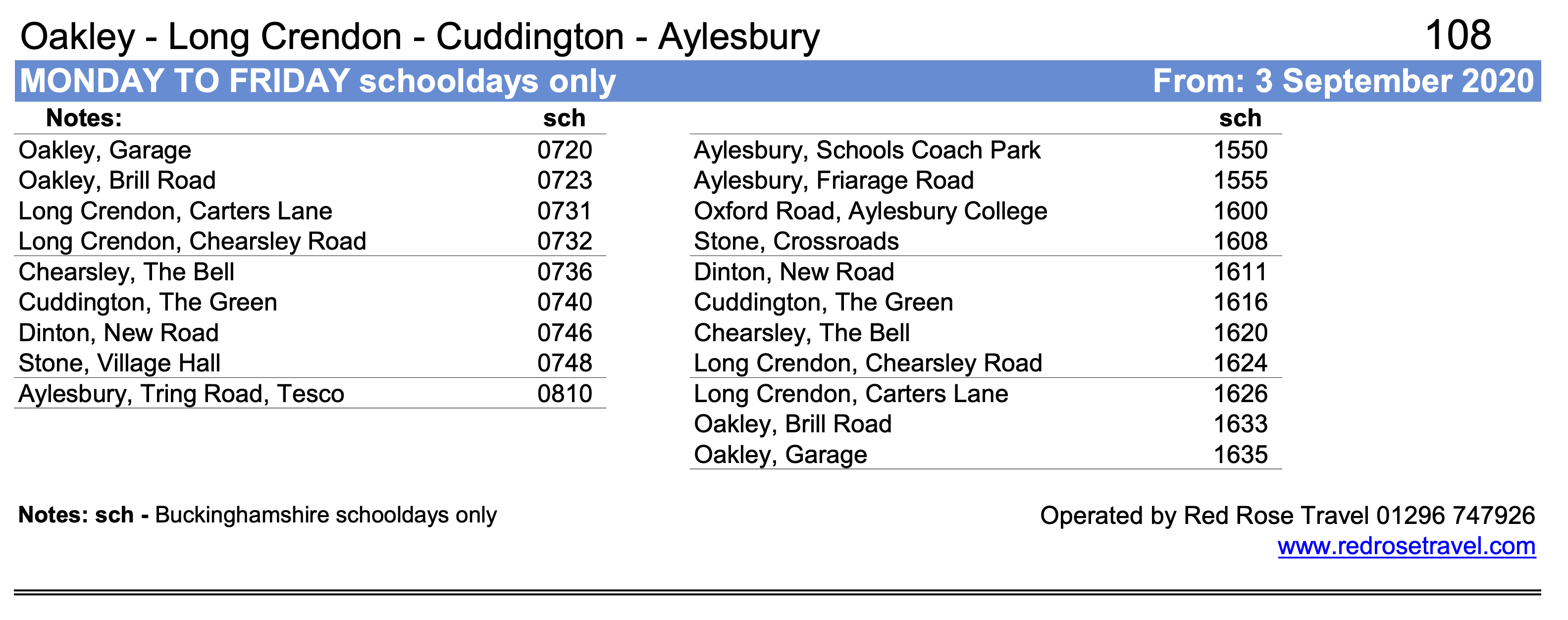 Timetable for 108 school service