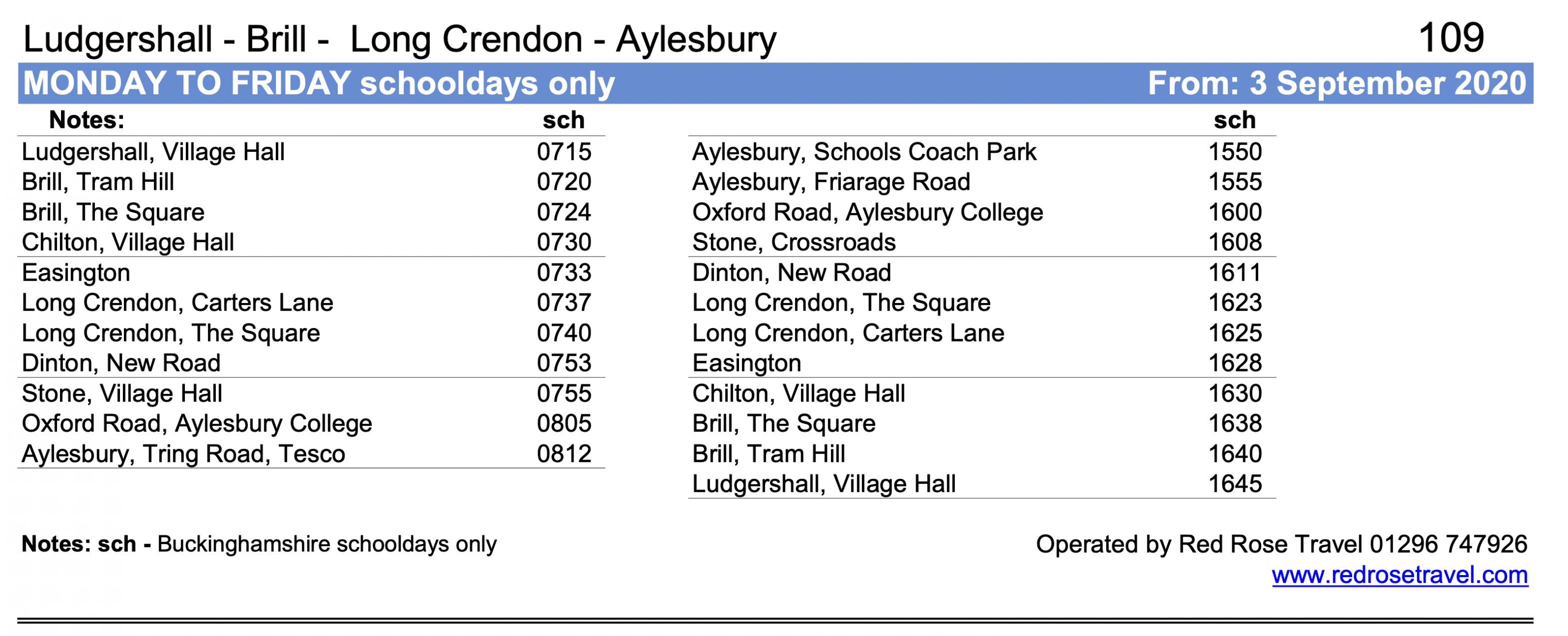 Timetable for 109 school service