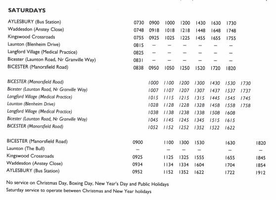 Saturday Timetable Above