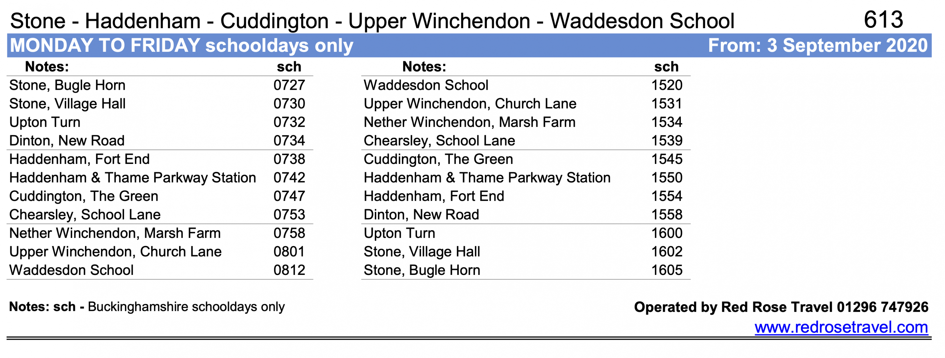 Timetable for 613 From Stone >>>>>><<<<<< Waddesdon School