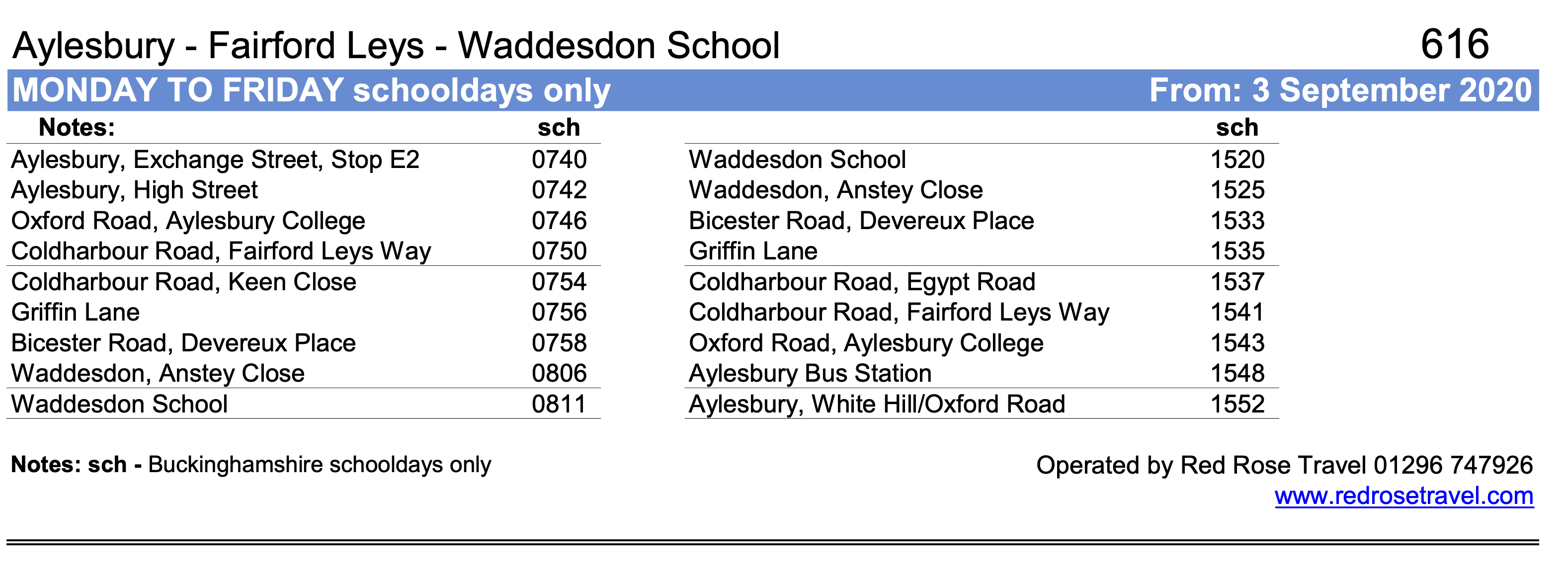 Timetable for 616 school service
