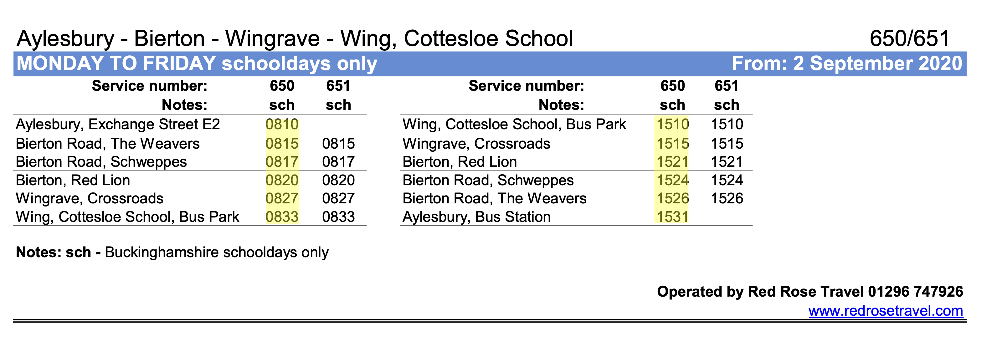 Timetable for 650 & 651 school service